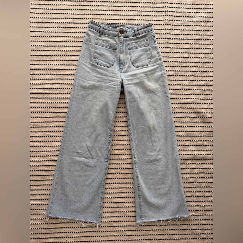 Rollas Sailor Wide Leg Cropped Organic Cotton Light Wash Jeans 25 Raw Hem